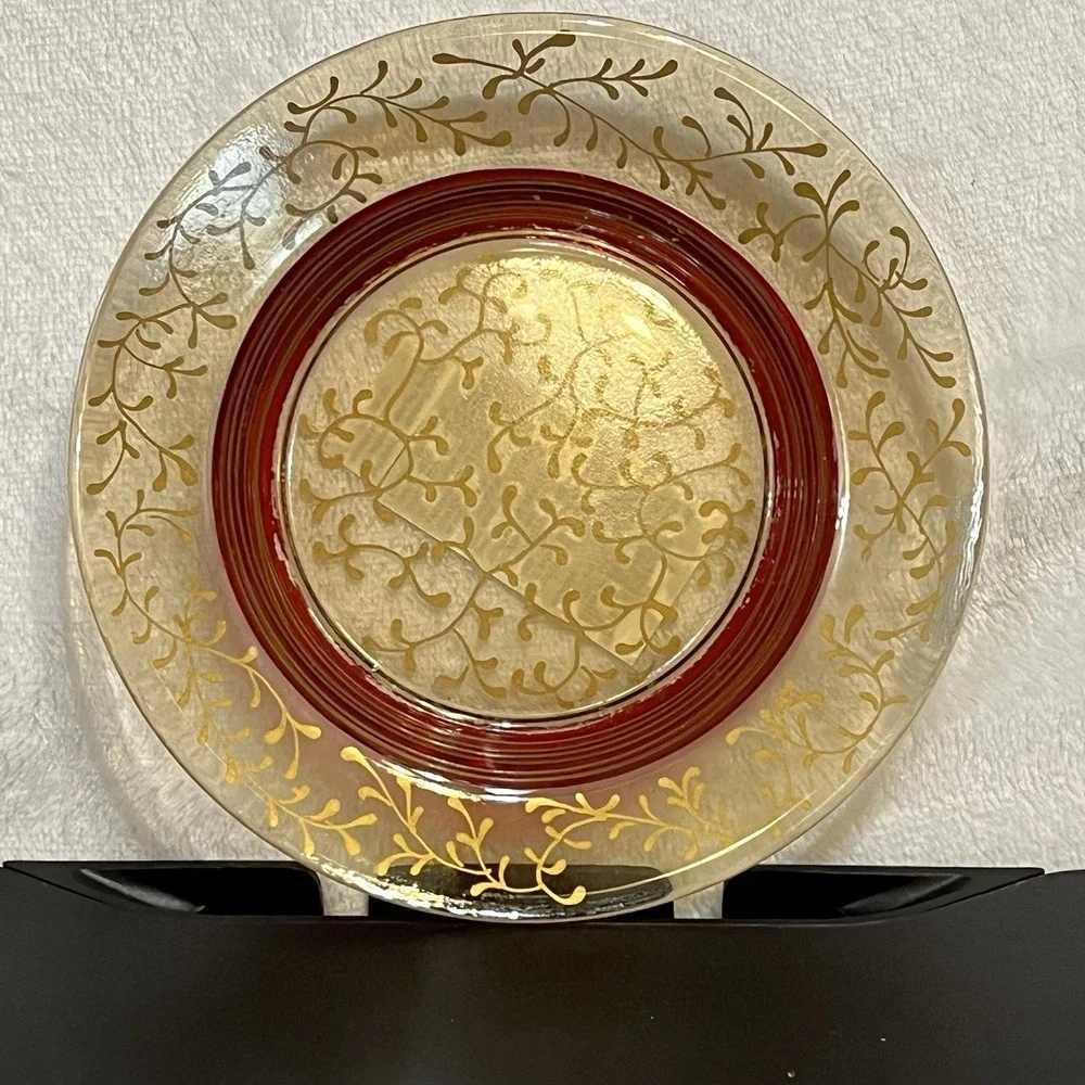 Vtg Pier 1 Rioja Red & Gold Scroll Plate Candle Dish 6